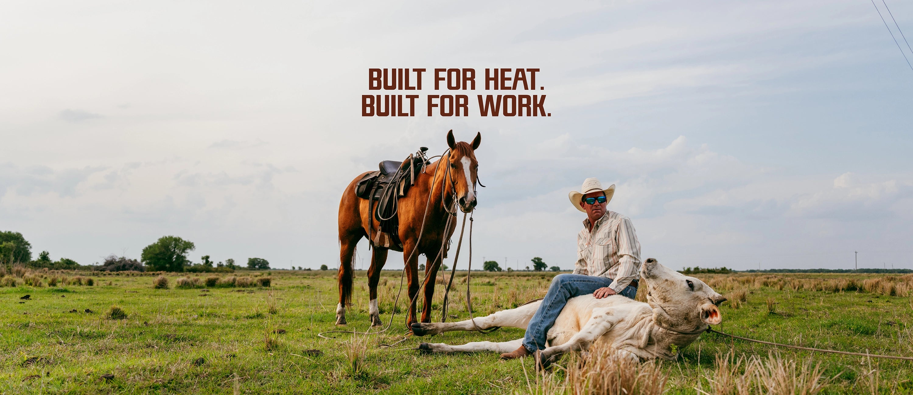 Man sitting on a cow with a horse in a field, text 'Built for heat. Built for work.'